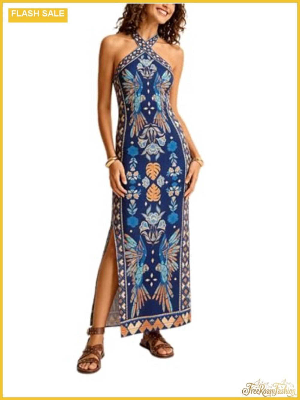Women's Boho Criss Cross Halter Neck Sleeveless Tie Open Back Split Maxi Dress